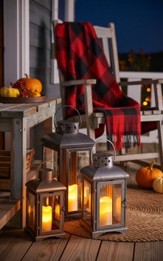 A photograph of a charming farmhouse-style porch at nighttime, featuring a cluster of 3-4 vintage lanterns in varying sizes with different metal finishes—weathered bronze, matte black, and aged copper—arranged on a woven jute area rug near rustic wooden seating. Each lantern glows with warm LED candles, casting flickering golden light that dances across the wooden floorboards and highlights the rich textures of the metal frames and intricate glass panels. A comfortable wooden rocking chair draped with a red and black buffalo plaid throw sits nearby, surrounded by small orange pumpkins and mini gourds scattered across the weathered porch planks. The warm candlelight creates intimate pools of amber illumination against the deep indigo night sky, emphasizing the cozy textures of weathered wood, soft woolen fabric, and burnished metal in this inviting autumn retreat.