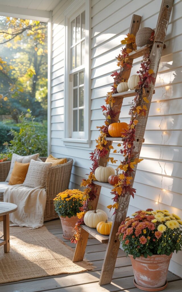 A photograph of an elegant coastal-chic house porch decorated for autumn, bathed in gentle morning sunlight that filters through lush surrounding greenery. A beautifully weathered vintage wooden ladder leans against pristine white shiplap siding, each rung adorned with cascading garlands of amber, crimson, and golden autumn leaves, miniature cream and orange pumpkins, and delicate warm white twinkle lights that shimmer in the soft light. The porch features inviting seating with plush natural linen cushions in ivory and warm beige tones, a textured jute area rug, and terracotta planters overflowing with chrysanthemums in muted sunset orange and butter yellow hues. Dappled golden sunlight creates enchanting shadows across the scene, perfectly highlighting the harmonious blend of rustic autumn textures and refined coastal design elements.