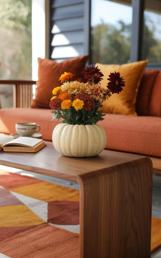 A photograph of a mid-century modern porch decorated for autumn, featuring clean architectural lines and rich walnut wood tones. On a sleek walnut side table, a small cream-colored faux pumpkin serves as a charming planter, overflowing with vibrant orange marigolds, golden chrysanthemums, and deep burgundy dahlias, accompanied by an open book and a ceramic tea cup. The porch showcases a low-profile sofa with burnt orange and mustard yellow cushions, positioned on a geometric patterned rug in earthy terracotta and ochre tones. Soft natural sunlight filters through the space, casting gentle shadows that accentuate the ridged texture of the pumpkin's surface and the delicate flower petals, creating a perfect blend of modernist sophistication and cozy fall warmth.