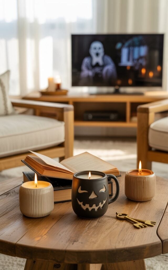 A photograph of a modern cottagecore living room showcasing a rustic wooden coffee table as the central focal point. The table is artfully arranged with ceramic candle holders containing "cinnamon" and "pumpkin" scented candles with flickering flames, a matte black ceramic mug decorated with subtle jack-o'-lantern silhouettes, an open vintage book with cream-colored aged pages, and a small brass skeleton key charm. In the softly blurred background, a sleek flat-screen television displays ghostly scenes from a classic horror film, while clean-lined furniture in warm oak and birch tones paired with cream linen cushions creates harmonious balance. Gentle afternoon sunlight streams through translucent white curtains, casting delicate shadows across the scene and amplifying the warm amber candlelight that dances across the weathered wood surfaces.
