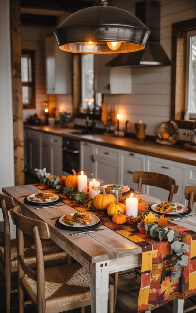 A photograph of a modern rustic farmhouse dining area adjacent to the kitchen, bathed in the warm glow of a vintage-style pendant light suspended above a reclaimed wood table. The dining table is adorned with a vibrant fall-patterned table runner in deep oranges and golden yellows, complemented by an artful arrangement of miniature pumpkins, flickering pillar candles, and sprigs of eucalyptus and maple leaves. Served dinner plates with autumn-inspired dishes sit at each place setting, surrounded by sturdy wooden farmhouse chairs with woven rush seats. The space showcases a perfect blend of rustic elements like exposed wood beams and shiplap walls with modern touches such as sleek cabinet hardware and contemporary light fixtures, all enveloped in the cozy, golden illumination that creates an inviting autumn evening atmosphere.