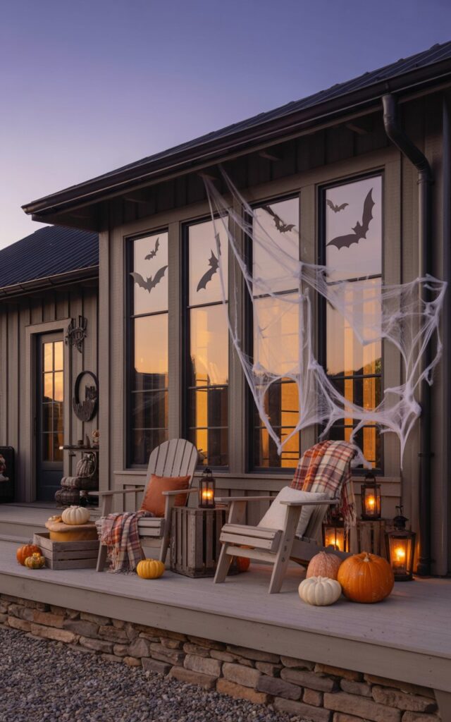 A photograph of a modern rustic farmhouse captured from a spacious covered porch at twilight, showcasing elegant Halloween decorations that blend sophistication with seasonal charm. The home's large picture windows are adorned with sleek black bat silhouette decals and delicate artificial spider webs stretched across the corners, while warm golden light from inside creates a welcoming glow against the weathered cedar siding and natural fieldstone foundation. The front porch is thoughtfully styled with carved orange pumpkins of varying sizes arranged on vintage wooden crates, antique brass lanterns casting soft amber pools of light, and cozy plaid throw blankets in rust and cream tones draped over rustic Adirondack chairs. The dusky purple sky transitions to deep indigo at the horizon, with the gentle evening light creating perfect balance between the home's refined aesthetic and playful Halloween spirit.