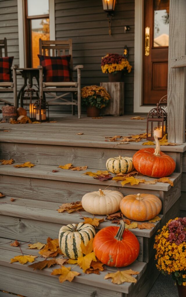 A photograph of a modern rustic-style house porch beautifully decorated for autumn, featuring weathered wooden steps leading to a welcoming front door with warm brass hardware. Three to four pumpkins in varying sizes cascade down the steps - deep orange heirloom varieties, pale cream gourds, and speckled decorative squash artfully arranged among scattered maple and oak leaves. The porch showcases a cozy seating area with buffalo plaid cushions in rich reds and blacks on rustic wooden chairs, complemented by glowing wrought iron lanterns and small potted chrysanthemums in burgundy and golden yellow. Warm, golden evening light bathes the entire scene, casting long shadows that dance across the textured wooden planks and highlighting the brilliant autumn foliage in amber, crimson, and burnt orange scattered naturally across the porch floor.