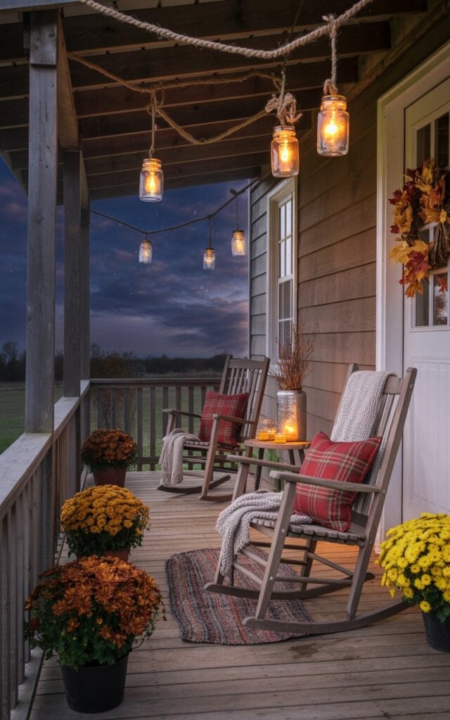 A photograph of a rustic farmhouse porch at night, bathed in the warm, flickering glow of mason jar lanterns suspended from the wooden ceiling by natural twine. The porch features weathered wooden rocking chairs adorned with red and navy plaid cushions and chunky knit throws draped casually over the armrests, positioned on a vintage braided rug. Potted mums in rich autumn hues of burnt orange and deep burgundy line the porch rail alongside a handcrafted fall wreath of dried corn husks and maple leaves hanging on the front door. The soft candlelight from the mason jars casts dancing shadows across the exposed wooden beams and distressed planked walls, creating an inviting country sanctuary under a starlit indigo sky with wispy clouds drifting overhead.