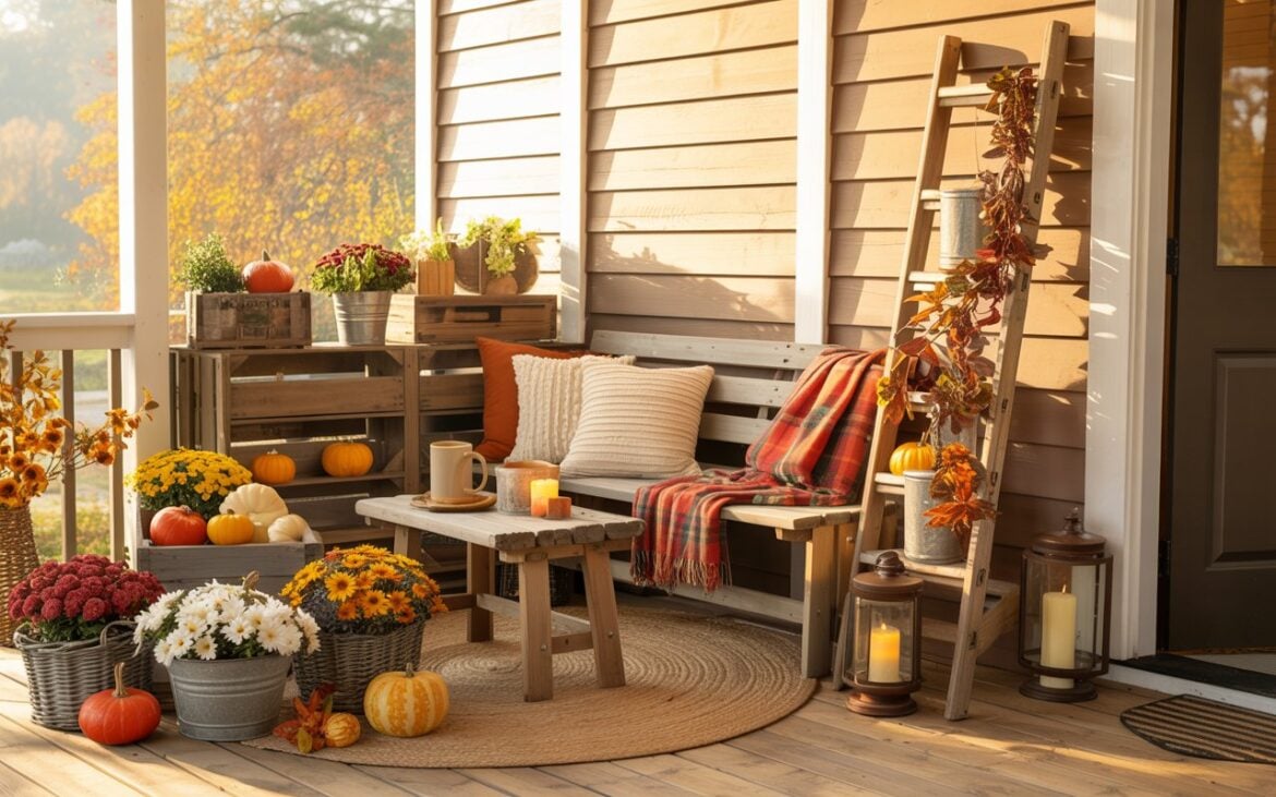 A photograph of a spacious, warmly decorated fall porch on a modern rustic farmhouse home, bathed in soft golden morning sunlight that highlights the natural wood textures and cozy autumn details. The seating area features a weathered wooden bench adorned with red and orange plaid throw blankets, textured cream pillows, and a woven jute rug beneath, while a small farmhouse-style side table holds a steaming ceramic mug, flickering candle, and miniature orange pumpkin. Rustic wooden crates, galvanized metal buckets, and wicker baskets overflow with vibrant fall blooms including burgundy mums, golden marigolds, and white daisies, interspersed with pumpkins of various sizes from tiny gourds to large orange specimens. The porch railing is elegantly wrapped in subtle leafy garlands of amber and rust-colored foliage, with vintage lanterns containing cream pillar candles positioned beside the steps, and charming accents like an old wooden ladder draped with fall garlands and decorative boots repurposed as planters filled with seasonal flowers.