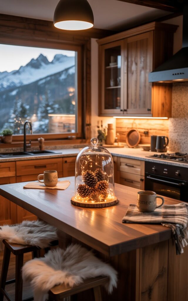 A photograph of an Alpine chic kitchen at nighttime, centered around a fully furnished island that serves as the cozy heart of the space. The island features a glass cloche filled with natural pinecones and warm fairy lights, glowing softly like a tiny mountain lantern against the rich walnut wood surface, while natural wood cabinetry pairs beautifully with honed granite countertops and matte black fixtures. Fur-accented bar stools, handcrafted ceramic mugs, and woven wool textures add layers of rustic sophistication, creating inviting seating areas around the island. Through expansive windows, moonlit snowy alpine peaks and frost-covered pine trees create a stunning backdrop, while soft pendant lighting and under-cabinet LEDs cast a warm golden glow throughout the space, enhancing the luxurious mountain retreat atmosphere perfect for intimate fall-winter evenings.