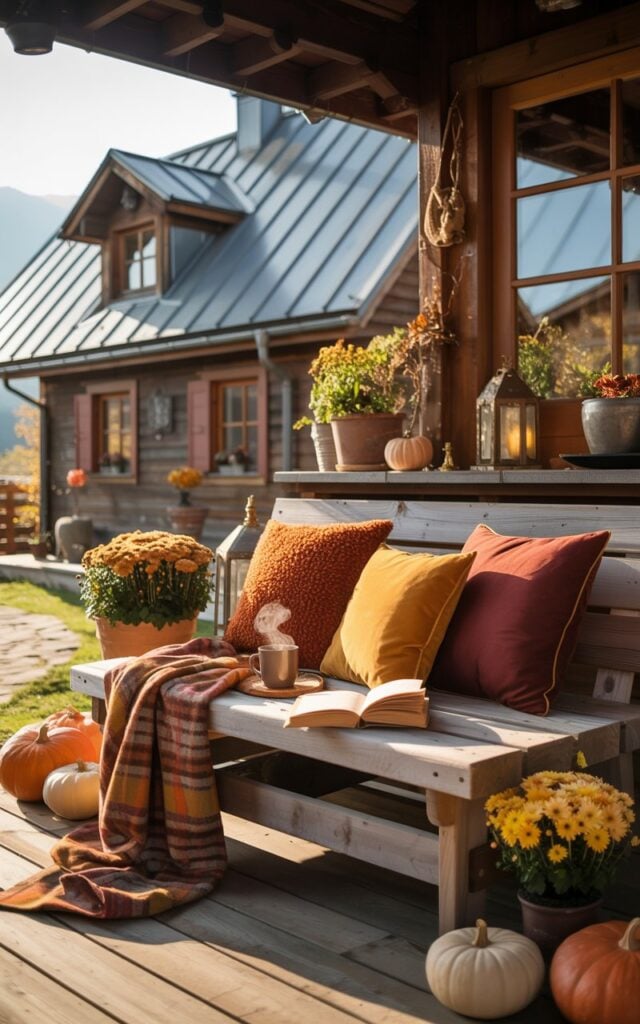 A photograph of an alpine-chic style house featuring a cozy covered porch with a distinctive glass sunroof overhead, perfectly decorated for autumn with warm, inviting details. A weathered wooden bench sits beneath the overhang, adorned with three plush patterned pillows in rich burnt orange, mustard yellow, and deep burgundy hues, while a soft flannel blanket drapes casually across one armrest, and a steaming coffee mug and open book with yellowed pages rest invitingly on the seat. The surrounding porch is decorated with terracotta pots filled with golden chrysanthemums, various sized pumpkins in shades of orange and cream, and several rustic lanterns casting a warm golden glow throughout the space. Gentle afternoon sunlight streams through the sunroof above, highlighting the natural wood grain of the bench and creating dappled shadows that enhance the serene mountain-lodge atmosphere.