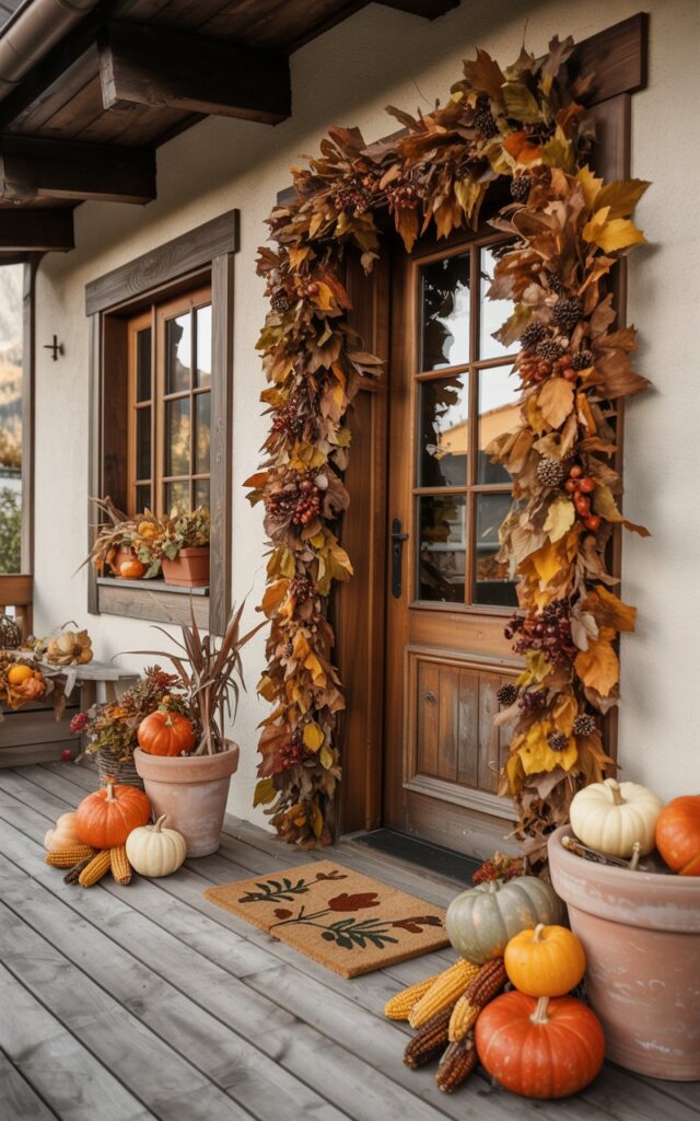 A photograph of an alpine chic-style house porch beautifully decorated for autumn season, featuring rustic timber beams and weathered wooden plank flooring. The front door frame is elegantly adorned with a lush leafy garland of deep burnt orange, golden yellow, and rich chestnut brown leaves that cascade naturally around the doorway, interwoven with small pinecones and burgundy berries. Terracotta pots of varying sizes are arranged thoughtfully across the porch, filled with plump orange, cream, and sage green pumpkins alongside dried corn stalks, while a woven fall doormat displays seasonal motifs of acorns and maple leaves. Soft golden hour lighting filters through the alpine setting, casting gentle shadows that highlight the rich textures of the garland and weathered wood, creating an atmosphere of cozy mountain elegance.