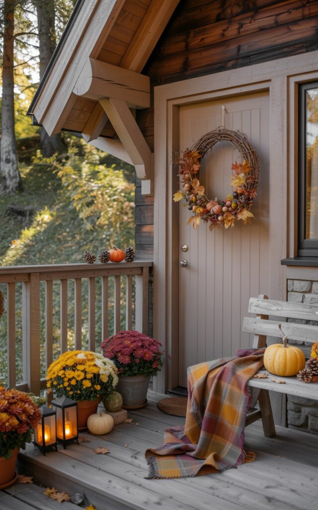 A photograph of an alpine-chic style house porch beautifully decorated for autumn, showcasing rustic mountain elegance with natural wood beams and stone accents. The front door features a charming grapevine wreath adorned with muted orange and amber leaves, miniature pumpkins, and scattered pinecones that create a perfect seasonal focal point, while wooden railings frame the entrance. Strategically placed potted chrysanthemums in rich burgundy and golden yellow line the porch alongside glowing lanterns that cast a warm amber glow, and a soft plaid throw in earthy tones drapes casually over a weathered wooden bench. Dappled sunlight filters through the surrounding evergreen and deciduous trees, illuminating the alpine architecture and creating an inviting, cozy autumn retreat atmosphere.