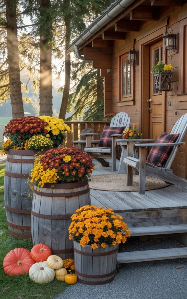 A photograph of a charming alpine-style chalet with a welcoming front porch adorned in rich autumn decorations. Three weathered wooden barrels of varying heights line the porch steps, overflowing with vibrant chrysanthemums in deep burgundy and golden yellow, bright orange marigolds, and clusters of small decorative pumpkins in cream and orange hues. The porch features cozy Adirondack chairs with red and black plaid cushions, a woven jute rug beneath, and wrought iron lanterns flanking the rustic wooden door. Towering evergreen pines frame the scene while soft morning sunlight filters through the trees, casting warm golden rays across the natural wood siding and illuminating the rich autumn colors with a dreamy, inviting glow.