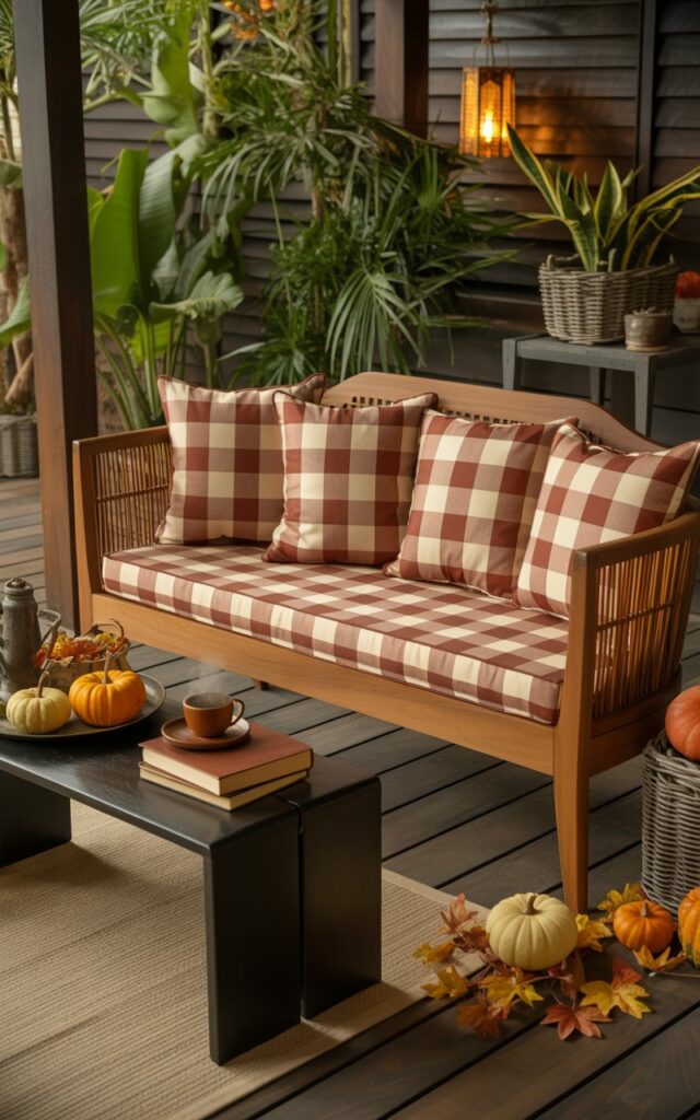 A photograph of an elegant Balinese-style porch showcasing a beautiful teak wooden bench with luxurious rust and cream plaid cushions as the central focus. The plaid pattern features rich burgundy and warm cream tones in a classic buffalo check design, with the cushions appearing plump and inviting against the smooth teak frame. A sleek dark wood side table displays mini orange pumpkins, leather-bound books, and a steaming ceramic tea cup, while natural teak flooring extends across the space framed by lush tropical plants in woven rattan planters. Warm amber lighting from hanging lanterns casts a golden glow over scattered autumn leaves and small decorative gourds, creating an exotic yet cozy atmosphere that perfectly blends tropical sophistication with seasonal charm.