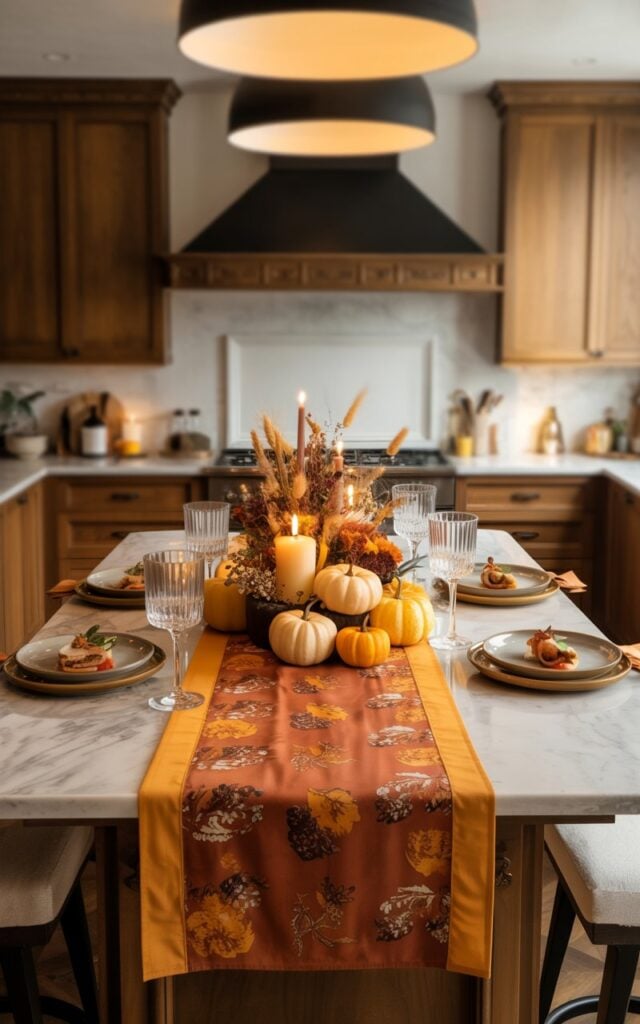 A photograph of an elegant European-style kitchen featuring a large furnished island as the centerpiece, bathed in warm pendant lighting from above. The island displays a beautiful fall-themed table runner in rich burnt orange and mustard yellow patterns, topped with a carefully arranged seasonal centerpiece of miniature pumpkins, flickering candles, and dried wheat stalks and florals. Surrounding the autumnal display are fine dining plates with artisanal food, crystal wine glasses, and polished silverware, all thoughtfully positioned alongside two upholstered bar stools. The softly blurred background reveals sleek European cabinetry in warm wood tones and luxurious marble countertops, creating an inviting atmosphere of sophisticated fall entertaining.