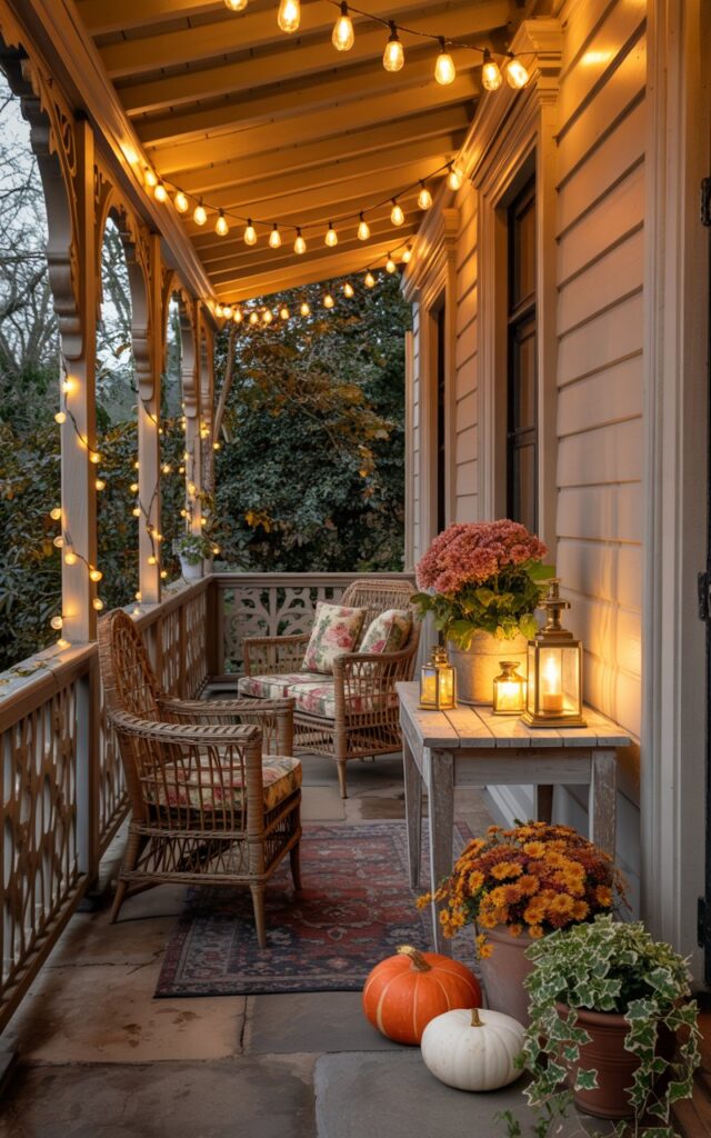 A photograph of an elegant French country-style house porch bathed in the warm glow of twinkling string lights draped gracefully across exposed wooden ceiling beams on a crisp autumn evening. The cream-painted wooden railing showcases intricate carved details, while vintage wicker furniture arranged in a cozy seating area is adorned with floral toile and rich burgundy plaid cushions that invite relaxation. A weathered wooden side table displays a charming autumn vignette of orange and white pumpkins, glowing brass lanterns, and terracotta pots brimming with rust-colored chrysanthemums and cascading ivy. The string lights cast dancing golden shadows across the stone floor and patterned area rug, creating an intimate ambiance that perfectly captures the rustic elegance and enchanting charm of this fall sanctuary.