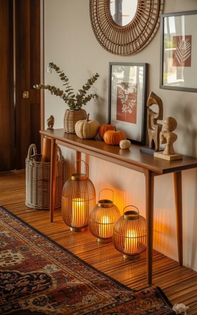 A photograph of an elegant entryway seamlessly blending Balinese and mid-century modern design elements, decorated with sophisticated autumn touches in warm amber lighting. A sleek walnut console table with characteristic tapered legs sits against the wall, adorned with three varying-sized lanterns in warm brass and weathered bronze finishes, each glowing softly with LED candles that cast gentle shadows across the surface. The table is artfully styled with small orange and cream pumpkins, dried eucalyptus branches nestled in a woven rattan basket, hand-carved wooden sculptures, and natural stone accents that showcase traditional Balinese craftsmanship. Above the console, a large circular rattan mirror with intricate geometric weaving patterns anchors the wall alongside framed botanical prints in earthy terracotta and sage tones, while a rich Persian runner rug in deep burgundy and gold patterns stretches across polished bamboo flooring, creating a serene and sophisticated seasonal welcome.