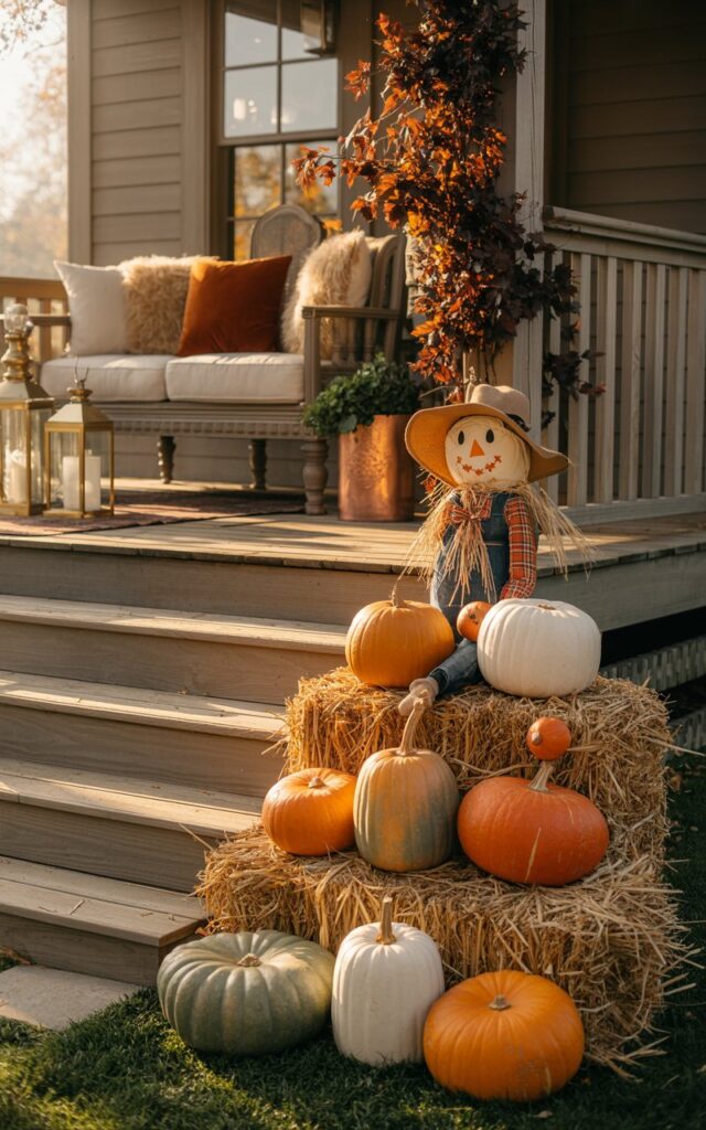 A photograph of an elegant farmhouse porch decorated for autumn, bathed in soft golden morning sunlight. The wooden porch features sophisticated seating with plush cream and rust-colored cushions, accented by brass lanterns and copper planters that add subtle metallic glamour to the rustic setting. Near the steps, a charming tower of mini hay bales supports an arrangement of orange, white, and sage green pumpkins of varying sizes, crowned by a cheerful scarecrow with a burlap hat and flannel shirt. Cascading autumn foliage in deep burgundy and amber tones drapes around the railings, while the warm morning light creates beautiful texture highlights across the weathered wood, woven hay, and smooth pumpkin surfaces.