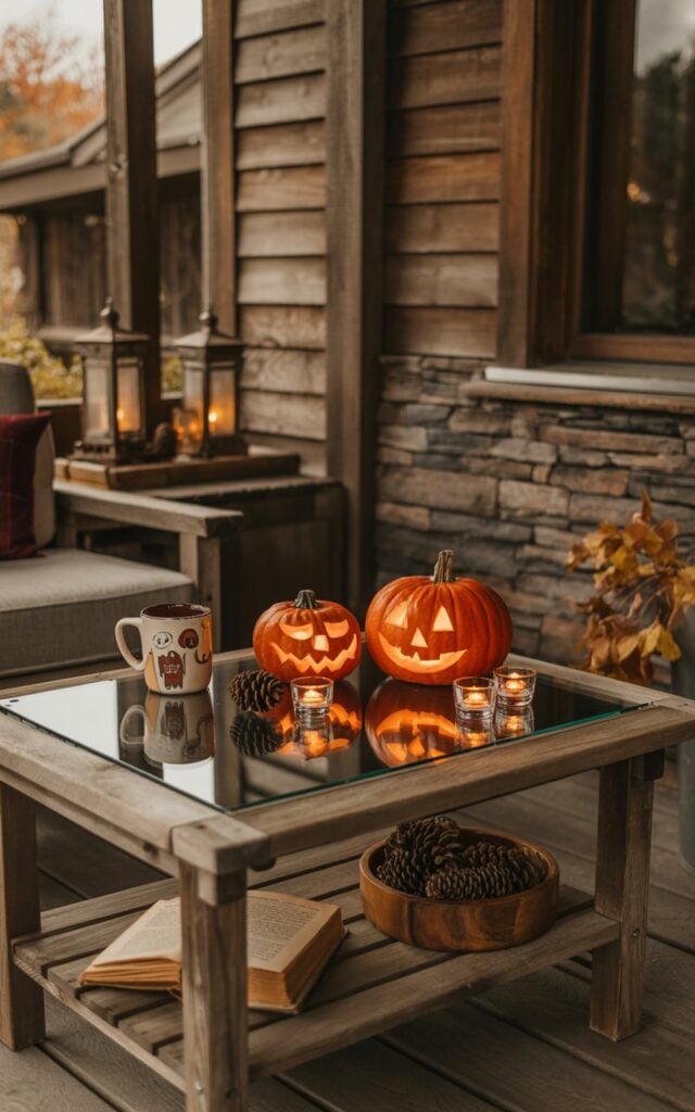 A rustic porch scene featuring a weathered wooden coffee table with a clear glass top, displaying two glowing jack-o'-lantern pumpkins with simple carved faces illuminated by flickering tea lights from within. The table is artfully arranged with autumn essentials: a ceramic coffee mug decorated with spooky motifs, a wooden bowl filled with scattered pinecones, and an open book with aged pages. The porch showcases natural wood beams, rough stone accent walls, and vintage lanterns casting warm amber light across the scene. Soft golden hour lighting filters through, creating long shadows and highlighting the rich textures of wood grain and stone, while dried autumn leaves gather in the corners, completing the cozy seasonal atmosphere.