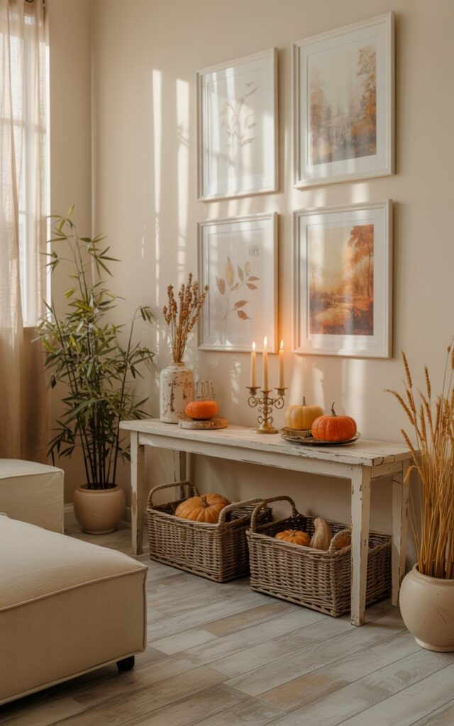 A serene living room interior photograph blending Asian Zen minimalism with shabby chic charm, bathed in soft autumn warmth and gentle natural lighting. The focal point is a weathered white console table against a cream wall, symmetrically adorned with small orange pumpkins, flickering cream candles in vintage brass holders, and woven rattan baskets filled with dried wheat stalks. Above the console, three framed botanical prints display delicate leaf sketches and moody watercolor autumn landscapes in muted gold and rust tones, while a low oatmeal linen sofa anchors the space. The room features distressed light oak flooring, potted bamboo plants in ceramic planters, and sheer curtains that filter mild evening sunlight, casting gentle shadows across this peaceful, cozy sanctuary.