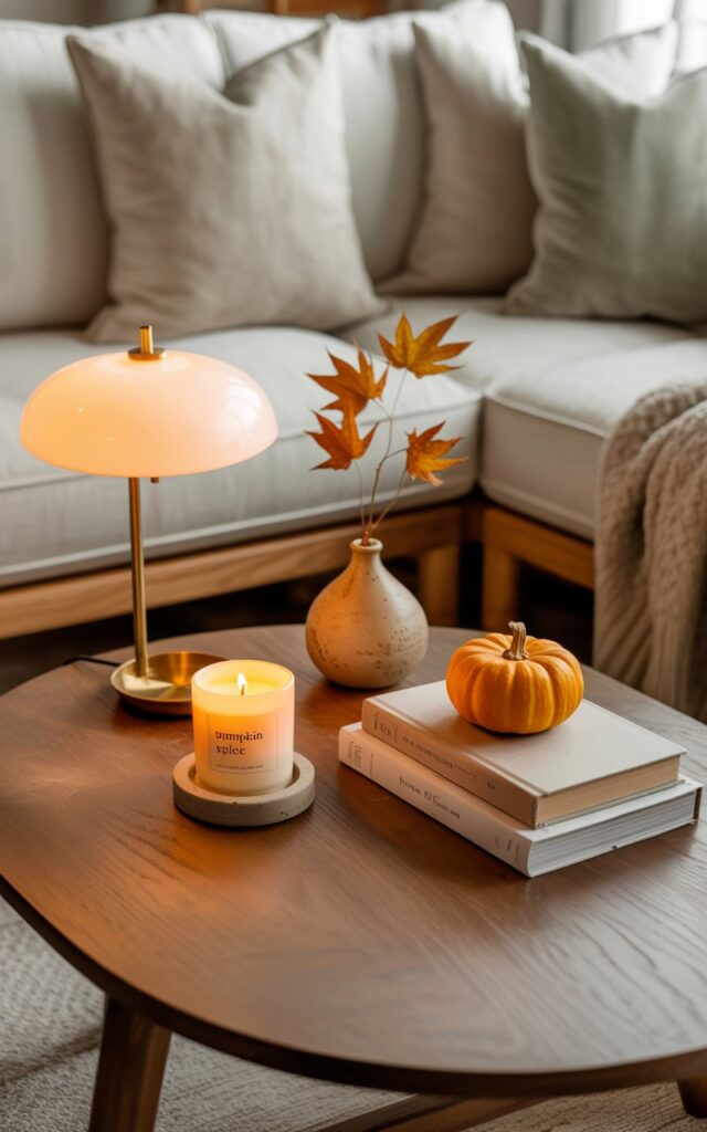 A vignette photograph of a coffee table in a serene Japandi-style living room, featuring clean lines and natural materials with subtle fall styling. On the smooth walnut table surface, a glowing candle labeled "Pumpkin Spice" in a simple ceramic holder sits beside a carefully arranged stack of linen-bound books topped with a miniature orange pumpkin, while a sleek brass table lamp with a warm white shade casts gentle ambient light across the composition. A small ceramic vase holds a few dried maple leaves in muted amber tones, complementing the organic textures and neutral palette. The surrounding space showcases cream-colored linen cushions, light oak furniture, and soft wool throws in oatmeal and sage green, creating a harmonious blend of Scandinavian minimalism and Japanese simplicity with cozy autumn warmth.