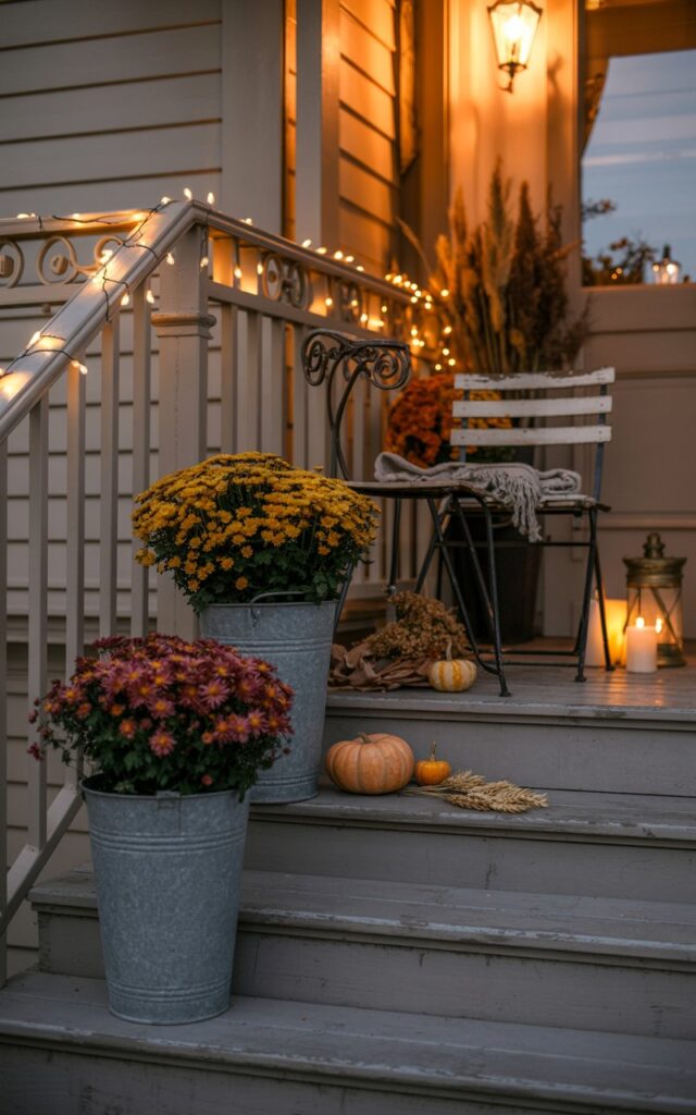 A vintage-chic style house porch photographed at night, bathed in the warm golden glow of delicate string lights draped along ornate railings and vintage brass lanterns hanging from the ceiling. Galvanized silver and matte black metal buckets serve as charming planters, overflowing with deep orange and burgundy chrysanthemums that cascade elegantly near the weathered wooden porch steps. A wrought-iron bistro chair with worn paint sits beside layered autumn textiles, while scattered mini pumpkins, flickering pillar candles, and dried wheat bundles create intimate fall vignettes throughout the space. The soft ambient lighting casts gentle shadows across the vintage details, creating a cozy sanctuary that beckons with warmth against the cool autumn night.