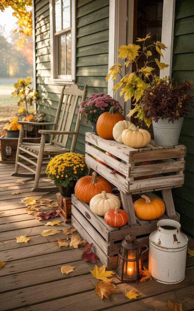 A vintage-style photograph of a rustic front porch bathed in warm, golden morning sunlight on a crisp fall day. Two weathered wooden crates are artfully stacked to create a charming tiered display, showcasing pumpkins in varying sizes from deep orange to pale cream, alongside small potted chrysanthemums and autumn plants with burgundy and yellow foliage. The porch features distressed wooden planking, an antique rocking chair with peeling paint, white enamelware vessels, and glowing lanterns scattered among fallen maple leaves in shades of amber and rust. Soft morning light filters through the scene, casting gentle shadows and creating a nostalgic, cozy atmosphere that captures the essence of early autumn charm.