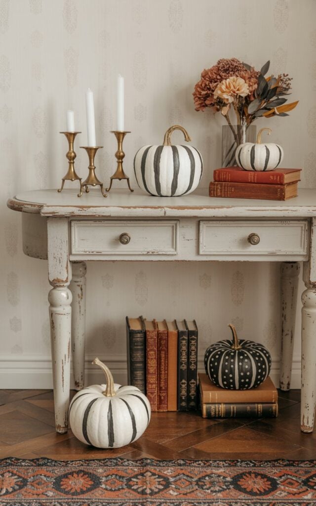 A vintage-style entryway featuring a console table where 3–4 pumpkins are painted white and black with pattern, stripes, dots or a combination of both for a modern, chic aesthetic. The pumpkins are arranged alongside vintage décor pieces such as old books, brass candle holders, and a small vase with dried flowers. wallpaper wall, floor has bright patterned runner. There is contrast of modern-painted pumpkins with the vintage textures, creating a stylish and seasonal autumn display.