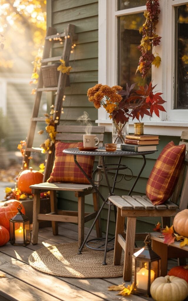 A photograph of a charming vintage-style house porch transformed into a cozy autumn coffee corner, bathed in soft golden morning sunlight. A small wrought iron bistro table holds a ceramic mug with steam rising from fresh coffee, a carefully stacked collection of leather-bound books, and a delicate glass vase filled with burnt orange chrysanthemums and deep red maple leaves. Two weathered wooden chairs with red and gold plaid cushions flank the table, while a rustic wooden ladder leans against the porch railing, draped with garlands of autumn leaves and twinkling warm white fairy lights. Scattered around the scene are carved pumpkins in various sizes, vintage brass lanterns with flickering candles, and a handwoven jute rug beneath the seating area, all illuminated by gentle sunbeams filtering through the morning mist to create an inviting sanctuary for quiet fall moments.
