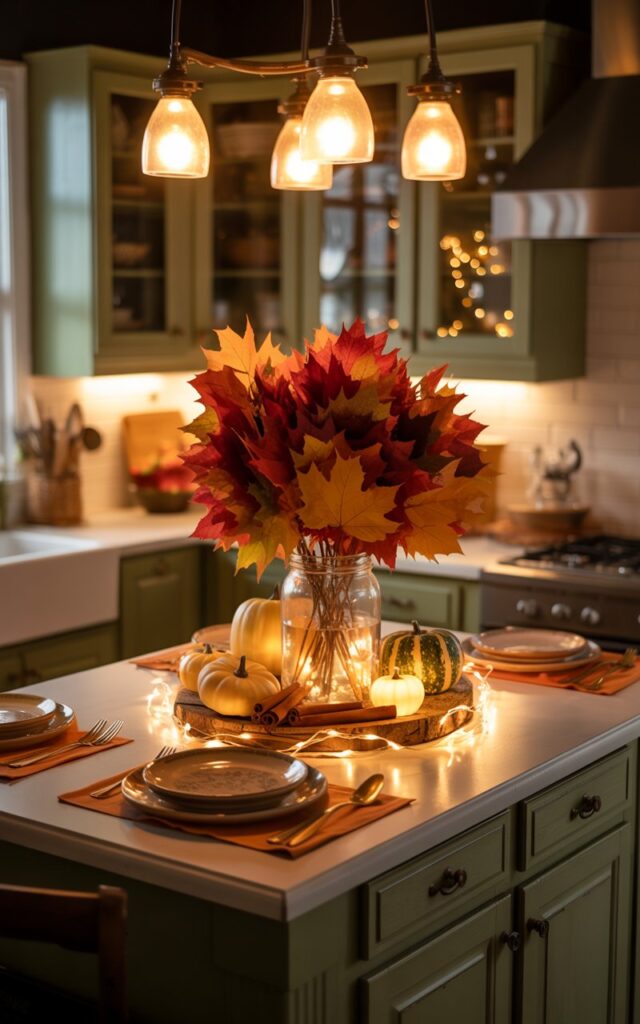 A nighttime photograph of a vintage-style kitchen featuring a fully furnished central island bathed in the warm, golden glow of pendant lights hanging overhead. At the heart of the island, 2-3 mason jars filled with vibrant crimson and amber maple leaves create a stunning centerpiece, accompanied by miniature pumpkins, cinnamon sticks, and delicate warm string lights that twinkle softly around the arrangement. The surrounding elements—ceramic plates, vintage silverware, and seasonal napkins—are gently blurred to draw attention to the glowing focal point. The kitchen showcases distressed wood cabinetry with weathered brass hardware, while soft shadows dance across the surfaces, creating a nostalgic autumn evening atmosphere filled with warmth and rustic charm.