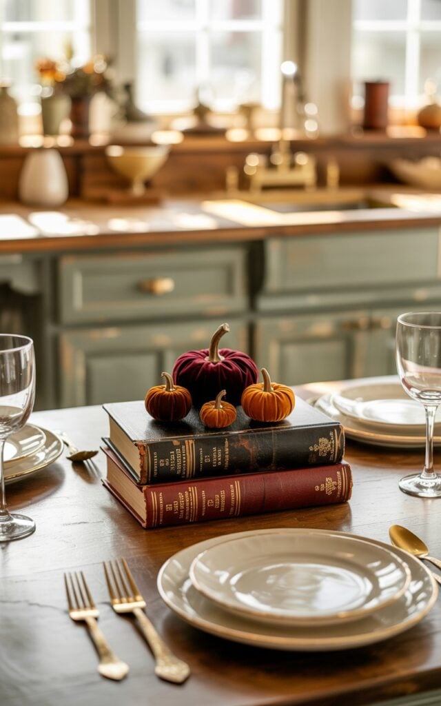 A vintage-style kitchen photograph featuring a beautifully furnished central island captured in an intimate vignette composition. At the heart of the scene, 2-3 weathered leather-bound books with elegant gold lettering are carefully stacked and crowned with tiny burgundy and burnt orange velvet pumpkins, creating an exquisite autumn centerpiece. The surrounding dining essentials—antique brass cutlery, cream ceramic plates, and crystal glasses—are artfully arranged but softly blurred, drawing the eye to the focal point. The kitchen showcases distressed sage green cabinetry with warm brass hardware and honey-toned butcher block countertops, all bathed in gentle golden sunlight streaming through nearby windows, creating a nostalgic and inviting atmosphere perfect for seasonal entertaining.