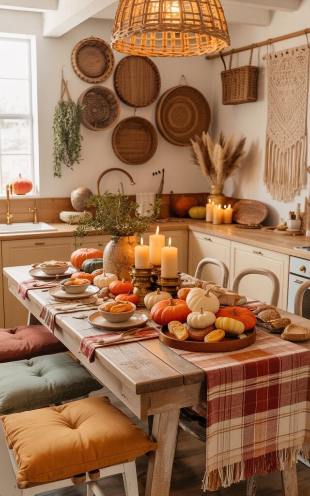 A warm and inviting photograph of a Cottagecore-Boho kitchen with an adjoining dining area, featuring exposed natural wood beams overhead and woven baskets mounted on cream-colored walls alongside intricate macrame hangings. The centerpiece weathered wooden dining table is beautifully adorned with a rich burgundy and cream plaid table runner, surrounded by an eclectic collection of vintage chairs upholstered in woven cushions of terracotta, sage green, and warm ochre tones. The table surface is thoughtfully arranged with clusters of mini orange and white pumpkins, flickering ivory pillar candles nestled in antique brass holders, handmade ceramic bowls overflowing with roasted squash and fresh bread, and rustic stoneware plates in muted earth tones. A large woven rattan pendant light hangs above, casting a golden honey-colored glow across the scene, while dried pampas grass in ceramic vases and bundles of hanging herbs like rosemary and thyme add bohemian texture to this cozy, lived-in autumn sanctuary.
