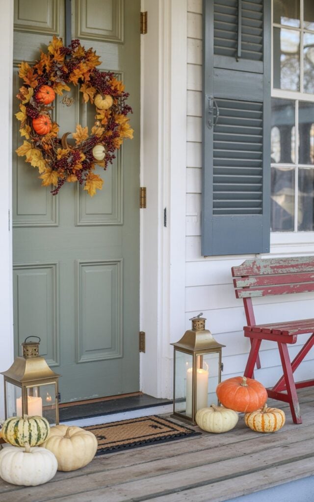 A photograph of an elegant Americana-style front porch featuring a classic white or sage green door adorned with a rustic fall wreath of golden maple leaves, burgundy berries, and miniature orange pumpkins. The weathered wooden porch floor showcases a simple woven doormat, several small heirloom pumpkins in cream and muted orange tones, and vintage brass lanterns with flickering candles. Subtle patriotic accents like a faded red wooden bench or blue-gray shutters complement the chic modern styling, while soft autumn sunlight filters through, casting warm shadows across the welcoming entryway. The overall composition balances rustic charm with refined elegance, creating an inviting seasonal vignette.
