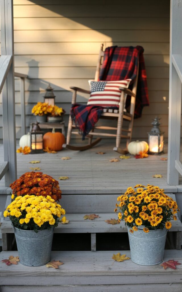A photograph of a charming Americana-style flat house with a spacious open deck porch adorned with classic fall decorations. Two small galvanized metal buckets flanking the wooden steps overflow with vibrant orange and yellow mums alongside golden marigolds, their rich autumn colors creating a striking contrast against the weathered wood planks. A wooden rocking chair sits invitingly on the porch, draped with a red and navy plaid throw blanket and accented with a vintage American flag motif pillow, while small pumpkins, glowing lanterns, and scattered maple leaves are artfully arranged around the buckets. The entire scene is bathed in soft evening sunlight that casts a warm, golden glow across the rustic wood surfaces, creating a nostalgic and cozy harvest atmosphere.