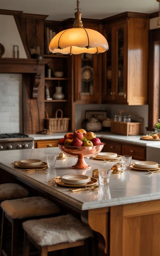 A photograph of an Americana-style kitchen at night, featuring a luxurious marble island illuminated by the warm amber glow of a vintage-inspired pendant light. At the center of the island, a polished copper bowl overflows with crimson apples and golden pears, creating a stunning autumnal centerpiece surrounded by carefully arranged white ceramic plates, gleaming silverware, and crystal glasses. Rich wooden cabinetry with brass hardware frames the space, complemented by rustic touches like exposed wood beams and woven baskets, while plush upholstered bar stools are neatly tucked beneath the island's edge. The soft pendant lighting casts gentle shadows across the marble surface and highlights the warm honey tones of the wood, creating an inviting atmosphere that perfectly captures the cozy elegance of classic American home design.