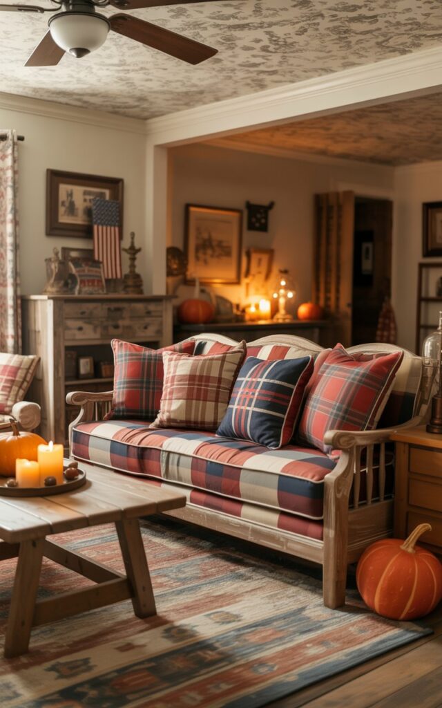 A warm and inviting Americana-style living room showcasing classic patriotic décor with autumn touches. The comfortable sofa is adorned with 2-3 plaid throw pillows in rich red, navy blue, and cream tones, while rustic wooden furniture pieces anchor the space with their weathered charm. The ceiling displays subtle patterned wallpaper complemented by a traditional ceiling fan, and a textured area rug in earthy tones grounds the seating area. Vintage-style accessories, small flag motifs, and star-shaped accents are thoughtfully placed throughout, alongside seasonal elements like orange pumpkins and flickering candles that cast a golden glow across the layered textiles and create a nostalgic, welcoming atmosphere.