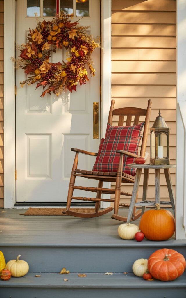 A photograph of a charming Americana-style porch decorated for autumn, featuring a richly textured fall wreath of dried maple leaves, golden wheat stalks, and burgundy berries hanging on a classic white front door. A traditional wooden rocking chair with red and navy plaid cushions sits beside a weathered side table holding a vintage brass lantern, while orange pumpkins and cream-colored gourds are artfully arranged along the painted gray porch steps. The warm wooden flooring shows gentle wear from years of use, and subtle red, white, and muted blue accents appear in small decorative elements throughout the scene. Soft morning sunlight filters across the porch, casting long shadows and illuminating the autumn colors with a golden glow that creates an inviting, nostalgic atmosphere.