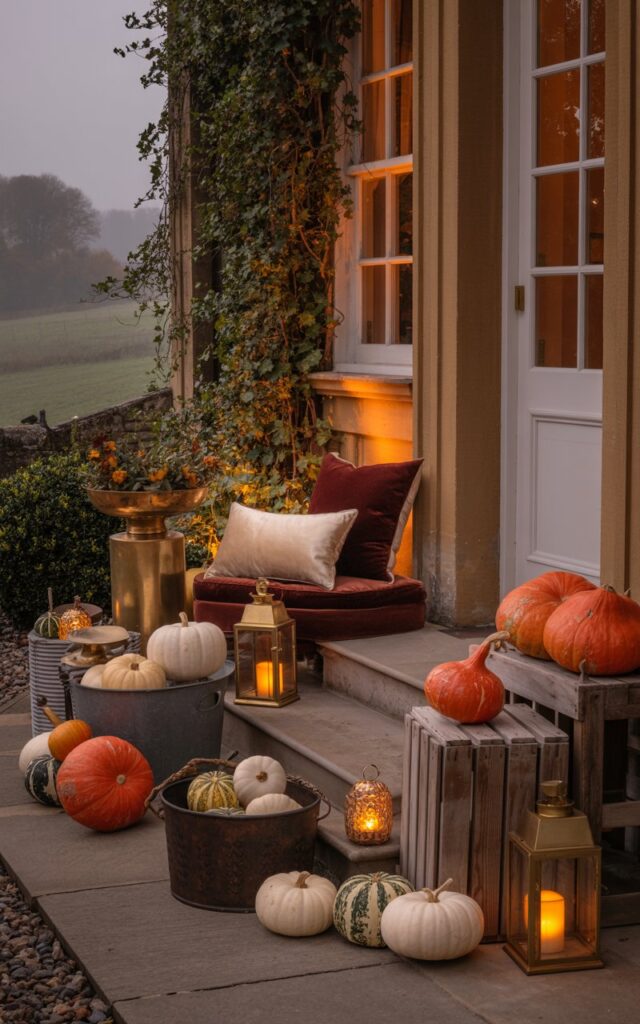 A photograph of an elegant English countryside house porch at dusk, where warm amber lighting creates a magical twilight glow across the scene. The porch features a carefully curated display of pumpkins in varying sizes, from miniature white gourds to large orange specimens, artfully arranged on weathered wooden crates, vintage metal buckets, and clustered around the stone steps. Plush velvet cushions in deep burgundy and cream adorn a rustic wooden bench, while brass lanterns with flickering LED candles cast dancing shadows across polished copper planters and gleaming metallic accents. The scene is bathed in the soft golden hour light filtering through autumn mist, with ivy-covered stone walls and distant rolling hills visible in the dreamy background.