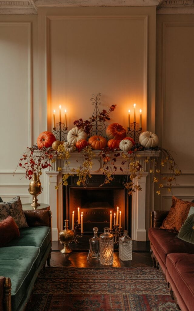 A photograph of an elegant English countryside living room with glamorous touches, featuring rich velvet upholstery in deep emerald and burgundy tones against cream-colored walls with ornate crown molding. The focal fireplace mantel is symmetrically decorated with clusters of orange and white pumpkins, cascading autumn foliage in copper and gold hues, and tall black wrought-iron candlesticks creating dramatic silhouettes. Flickering candlelight casts warm amber shadows across vintage brass accents, crystal decanters, and plush throw pillows, while the soft glow illuminates the room's luxurious textures of Persian rugs and weathered leather. The overall atmosphere balances refined countryside charm with gothic Halloween elegance, creating a space that feels both invitingly cozy and mysteriously enchanting.
