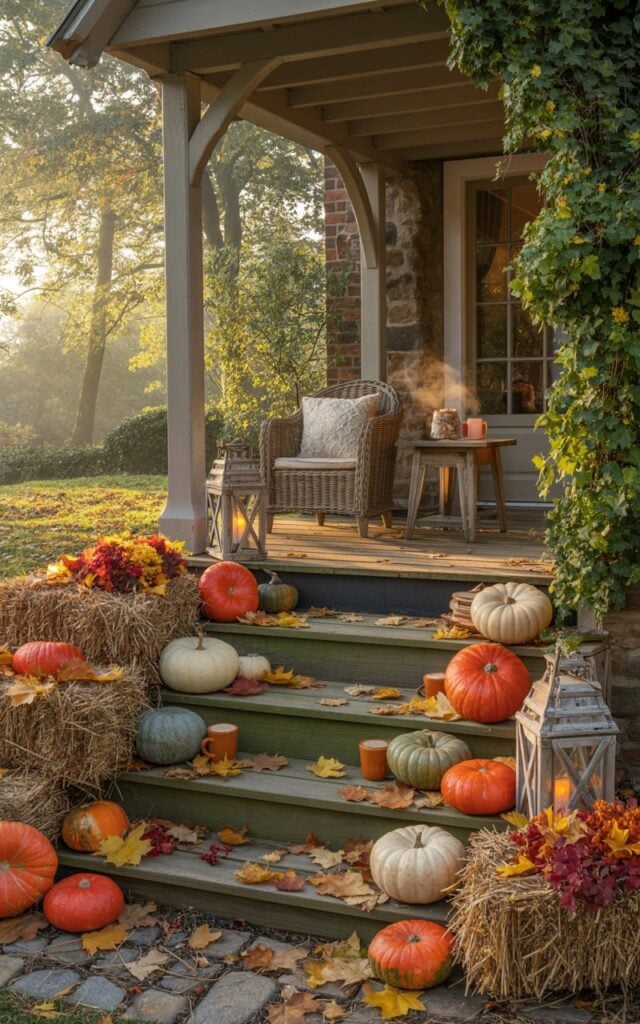 A photograph of a charming English countryside house porch at dawn, adorned with an abundant fall display across weathered wooden steps. The steps are artfully arranged with pumpkins in varying sizes and hues—vibrant orange, creamy white, and sage green—nestled between flickering rustic lanterns, compact hay bales tied with twine, and scattered crimson and amber autumn leaves. The covered porch features a cozy seating nook with plush cushioned wicker chairs and a small wooden side table holding a ceramic mug with steam curling upward from hot apple cider. Soft morning sunlight filters through the surrounding oak and maple trees, casting a warm golden glow that illuminates the cottage's stone foundation, timber beams, and climbing ivy, creating an inviting autumnal sanctuary.