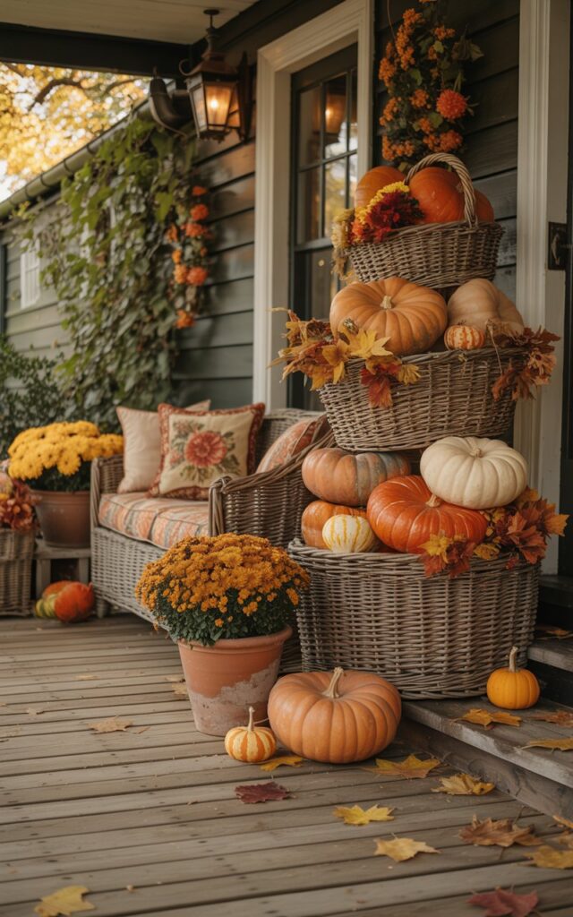 A charming photograph of an English countryside house porch adorned with elaborate fall decorations in warm, inviting tones. The focal point is an impressive pumpkin topiary made from stacked wicker baskets overflowing with pumpkins in shades of burnt orange, deep amber, and creamy white, creating a whimsical tower near the stone steps. The weathered wooden porch floor hosts a cozy seating area with vintage floral cushions, terracotta pots brimming with golden chrysanthemums, and rustic lanterns casting gentle shadows. Soft afternoon sunlight filters through overhead foliage, illuminating the textured surfaces of the woven baskets while scattered maple leaves and small decorative gourds add authentic seasonal charm to this quintessentially English autumn scene.