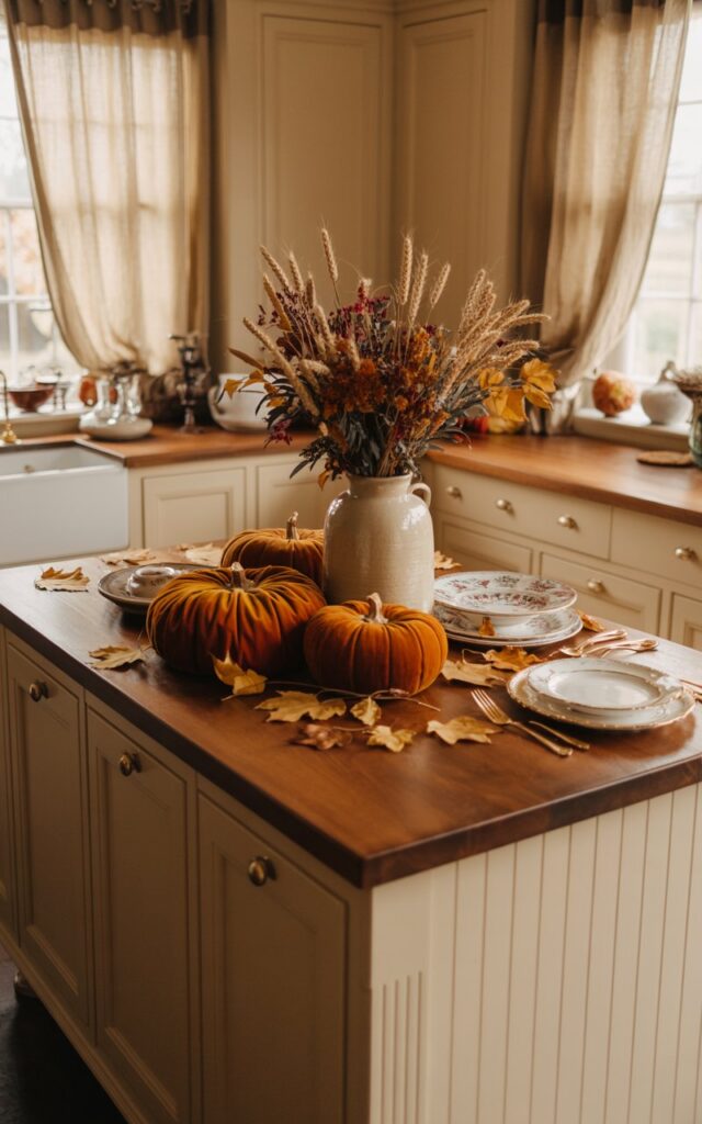 A vignette photograph of an English countryside kitchen featuring a fully furnished central island as the focal point, styled with elegant fall decor. The island's wooden countertop displays 2-3 luxurious velvet pumpkins in rich amber and deep orange tones, alongside a cream ceramic vase filled with dried wheat stalks and burgundy florals, with scattered golden autumn leaves artfully arranged around the centerpiece. Surrounding the seasonal display are fine china plates, polished silver cutlery, and served dishes that suggest a warm family gathering, all set against cream-colored Shaker-style cabinetry with antique brass hardware. Soft, diffused natural light filters through linen curtains at nearby windows, casting gentle shadows across the rustic wooden surfaces and creating an inviting, cozy atmosphere that epitomizes English autumn charm.