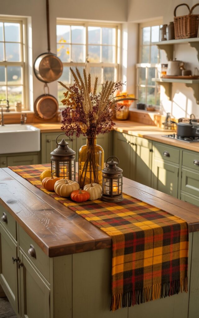 A photograph of an English countryside open-concept kitchen centered around a large reclaimed wood island draped with a cozy plaid runner in burnt orange, deep red, and golden yellow autumn hues. The island's centerpiece features an artful fall arrangement with two antique brass mini lanterns, several small orange and cream pumpkins, and tall glass apothecary bottles filled with dried wheat stalks and burgundy dried flowers. The kitchen showcases sage green Shaker-style cabinetry with vintage brass cup pulls, warm butcher-block countertops, and open floating shelves displaying ceramic crockery and woven baskets. Soft golden daylight streams through multi-paned cottage windows, casting gentle shadows across honey-colored stone flooring while illuminating hanging copper pots and cast iron cookware, creating an inviting rustic atmosphere reminiscent of an authentic English countryside cottage in October.