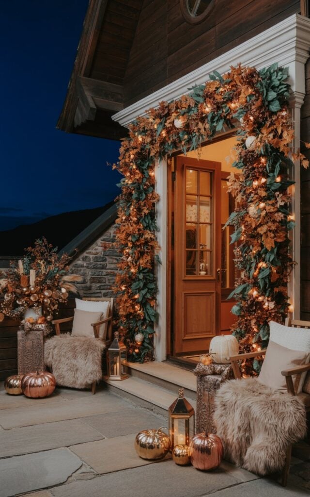 A nighttime photograph of an elegant alpine chic porch decorated for fall, featuring a grand wooden doorway framed with luxurious garlands of deep emerald leaves, burnt amber foliage, and muted gold accents. Delicate fairy lights are woven throughout the garlands, casting a warm honeyed glow across the stone and timber architecture. Plush seating adorned with cream faux fur throws sits beside metallic copper and rose gold pumpkins, while ornate lanterns with golden trim line the natural stone steps. The scene combines rustic alpine elements with sophisticated glamorous touches, creating an enchanting upscale autumn retreat illuminated against the deep indigo night sky.