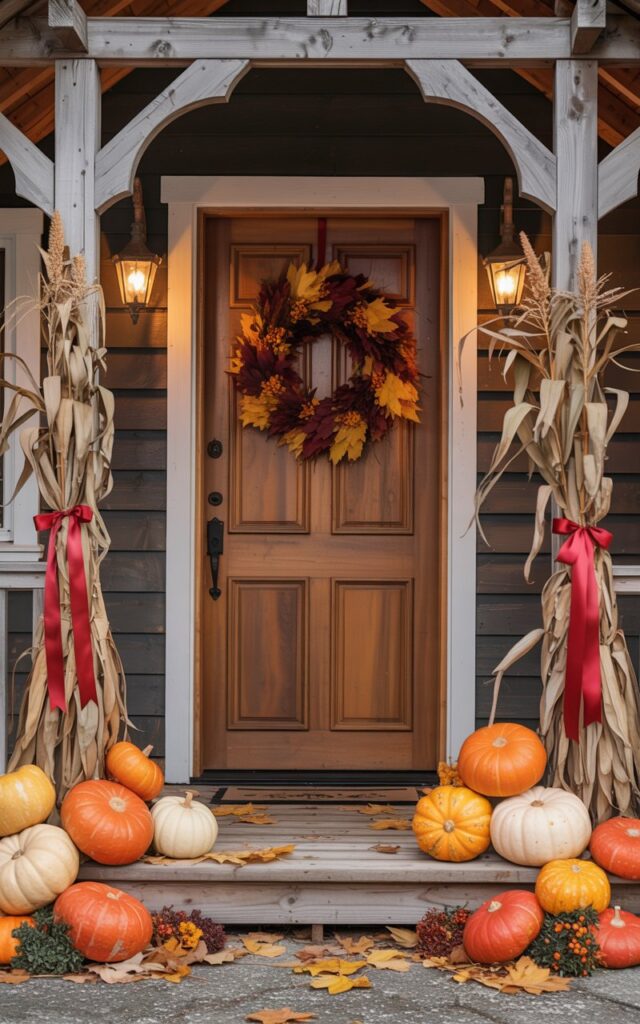 A photograph of an alpine chic-style house porch decorated for autumn, captured from a front-facing view showcasing the welcoming entrance. The heavy wooden front door is adorned with a rich textured wreath of dried maple leaves in deep burgundy and golden yellow, dotted with small orange berries, while tall bundles of dried cornstalks flank each side of the doorway, secured with vibrant red satin ribbons. The rustic wooden porch floor is arranged with an assortment of orange and cream-colored pumpkins in various sizes, nestled among scattered fall foliage and positioned near weathered timber support beams. Warm natural lighting filters through the scene, illuminating vintage brass lanterns hanging from the eaves and casting a golden glow across the cozy seasonal display.