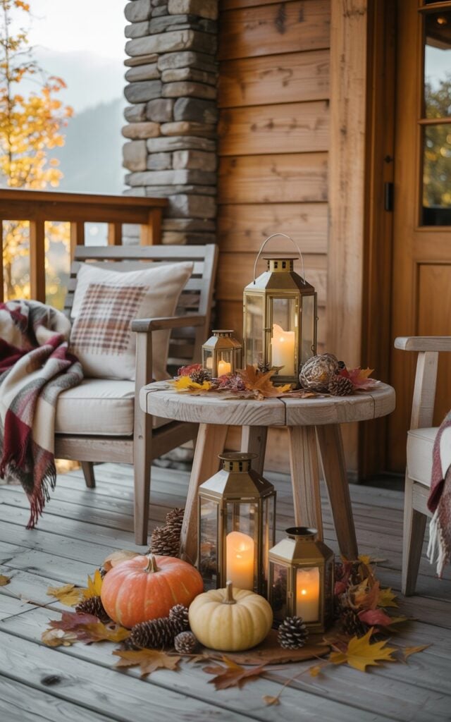A photograph of an alpine-chic style house porch featuring a cozy seating arrangement with plush cushioned chairs and a rustic wooden side table as the centerpiece. The side table displays 2-3 vintage brass lanterns with flickering LED candles inside, casting warm golden light across an artful arrangement of orange and cream pumpkins, scattered pinecones, and autumn maple leaves. A soft plaid throw in burgundy and cream tones is casually draped over a nearby wooden chair, while the porch's natural wood railings and gray stone accent pillars frame the intimate space. Gentle morning sunlight filters through the scene, highlighting the rich textures of weathered wood, smooth stone surfaces, and vibrant fall foliage, creating a perfectly inviting alpine autumn retreat.