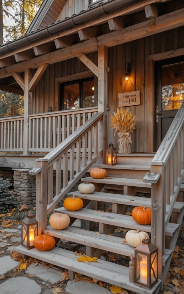 A photograph of an alpine chic style house featuring a spacious wooden porch with natural timber railings and wide stone steps leading to the entrance. Four to five mini pumpkins in various shades of orange and cream are thoughtfully arranged along the weathered wooden steps, complemented by glowing lanterns with warm LED lights, bundles of golden dried wheat tied with burlap ribbon, and a rustic wooden sign reading "Welcome Fall" hanging near the door. The house showcases natural wood siding with stone accent pillars, while soft autumn lighting bathes the scene in a golden glow, creating cozy shadows that highlight the rich textures of wood grain and natural stone. The overall atmosphere captures the essence of mountain living with seasonal warmth, surrounded by hints of evergreen trees and fallen amber leaves scattered across the porch.