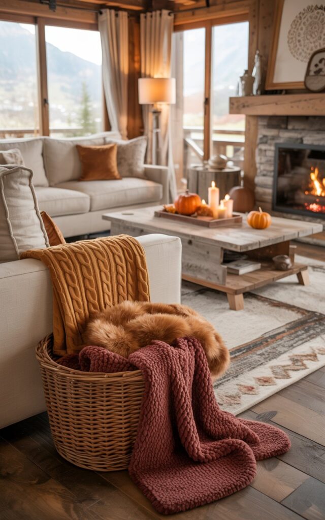 A photograph of an alpine chic-style living room showcasing cozy, fully furnished elegance with warm autumn touches. A plush cream-colored sofa sits beside a woven wicker basket filled with 2-3 luxurious blankets in rich textures—chunky cable-knit throws, faux fur in caramel tones, and soft merino wool in deep burgundy. The space features reclaimed wood beam accents, a rustic stone fireplace with a crackling fire, and a large neutral-toned area rug with geometric patterns beneath a weathered wooden coffee table adorned with small orange pumpkins and flickering pillar candles. Expansive windows dressed in linen curtains filter soft golden afternoon light across the room, illuminating the layered textures and creating a warm, inviting chalet atmosphere perfect for fall.