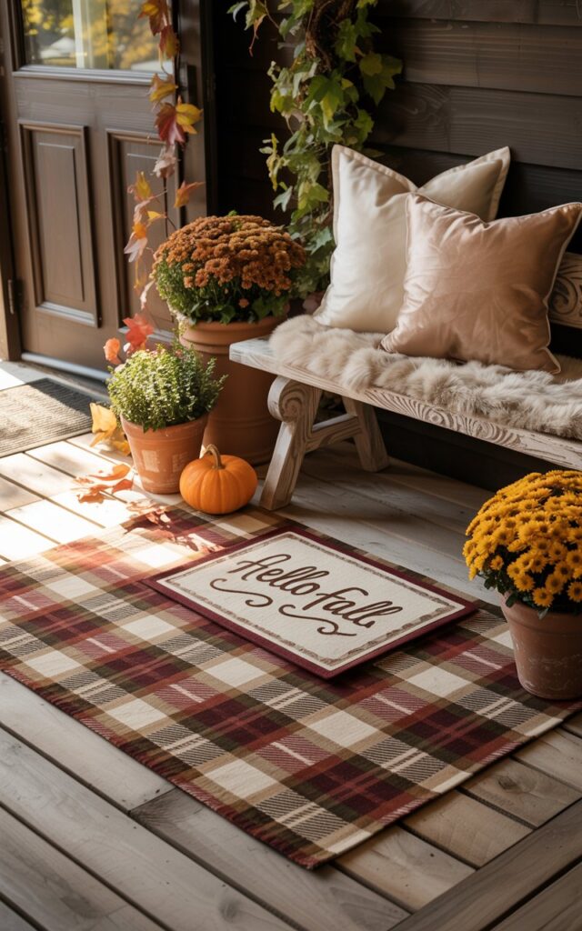 A photograph of an elegant alpine-style porch decorated with sophisticated fall elements and rustic charm. The entrance features a thoughtfully layered welcome mat setup with a rich plaid base mat in warm burgundy and cream tones, topped with a smaller decorative mat displaying "Hello Fall" in elegant script lettering. A hand-carved wooden bench with plush neutral cushions in cream and soft taupe sits alongside terracotta pots filled with vibrant bronze and golden mums, miniature orange pumpkins, and cascading autumn ivy. Warm, diffused sunlight filters through the scene, casting gentle shadows across the weathered wooden plank flooring and highlighting the copper and amber tones of scattered maple leaves around the doorframe.