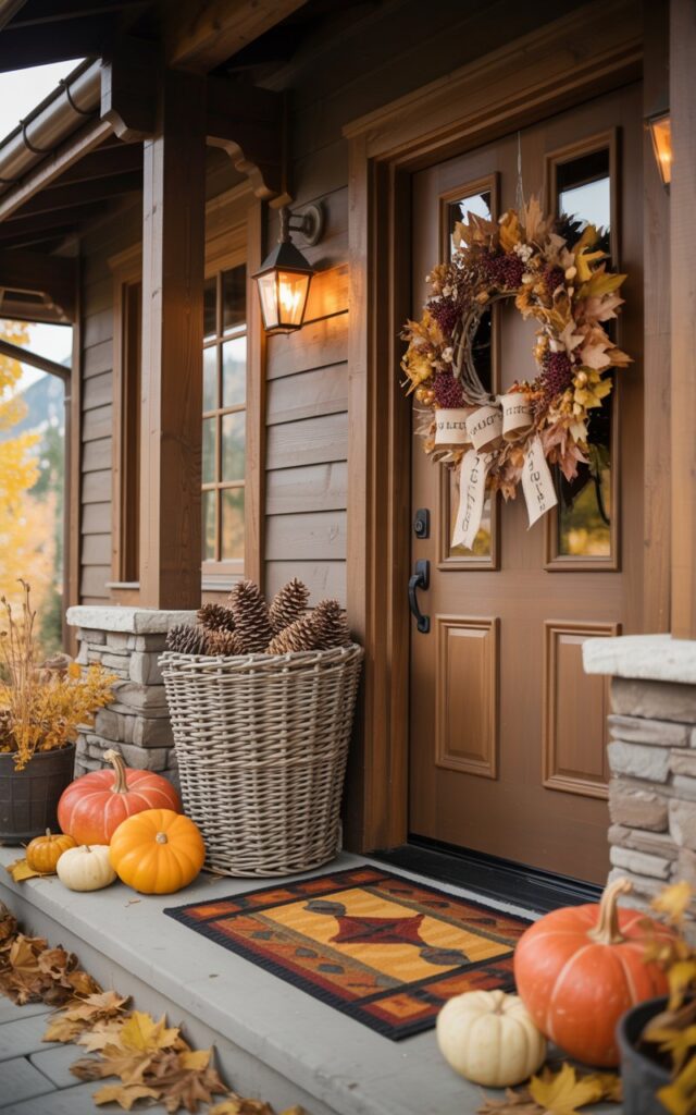 A photograph of an alpine chic-style house porch elegantly decorated for autumn, showcasing rustic mountain lodge charm. The wooden front door features a textured wreath of dried maple leaves, burgundy berries, and cream-colored burlap ribbons, while a large woven basket overflowing with natural pinecones sits prominently beside the doorway. A fall-themed doormat with warm amber and rust geometric patterns lies centered before the entrance, complemented by scattered orange and gold pumpkins of varying sizes. The porch's exposed timber beams and natural stone accents are softly illuminated by warm lantern light, with golden autumn foliage scattered around the base, creating an inviting and cozy mountain retreat atmosphere.