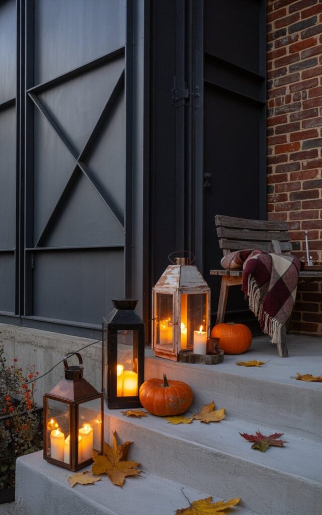 A nighttime photograph of an industrial-style house porch beautifully decorated for autumn with warm, intimate lighting. A carefully arranged grouping of 2-3 lanterns and candles in varying heights—crafted from black metal, weathered copper, and distressed wood—casts flickering golden light across concrete steps and steel architectural accents. The porch showcases raw materials including exposed red brick walls, matte black metal railings, and reclaimed wood furniture, while small orange pumpkins, scattered dried maple leaves, and a cozy plaid throw in burgundy and cream tones soften the industrial edges. The candlelight dances off the metal surfaces and creates dramatic shadows, establishing a moody yet inviting modern autumn atmosphere that perfectly balances urban sophistication with seasonal warmth.