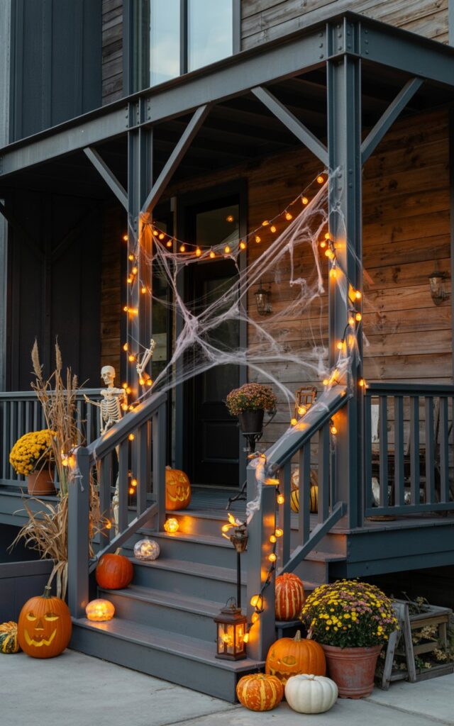A nighttime photograph of an industrial-style house porch decorated for Halloween, featuring exposed steel beams, weathered wood planking, and concrete steps. Orange string lights are artfully wrapped around black metal railings and support posts, casting a warm amber glow that illuminates carved jack-o'-lanterns, vintage brass lanterns, and clusters of orange and white pumpkins arranged on the steps and corners. Delicate faux spider webs stretch between the railings with small plastic skeletons positioned among potted mums and dried corn stalks, while the industrial architecture's raw materials create striking shadows. The scene balances urban sophistication with seasonal spookiness, as the warm lighting contrasts beautifully against the cool metal surfaces and dark autumn night.
