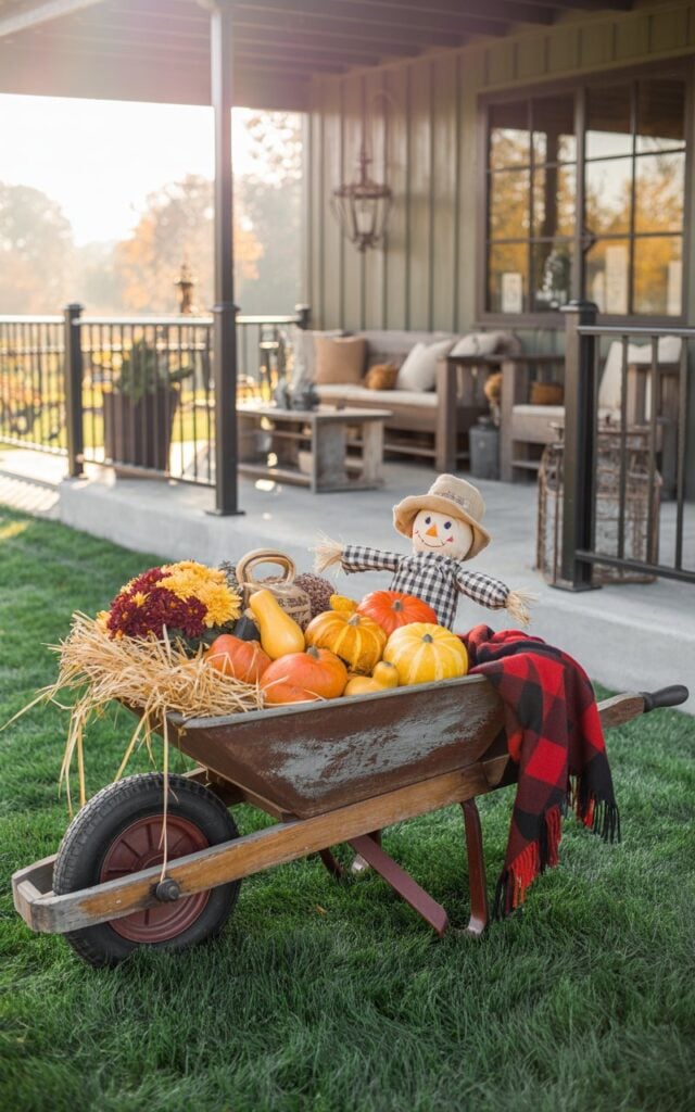 A photograph of an industrial-style house porch decorated for autumn, with an antique wooden wheelbarrow positioned prominently on the emerald green lawn in the foreground. The weathered wheelbarrow overflows with a vibrant mix of orange and yellow gourds, burgundy and golden mums, and scattered golden straw, while a red and black plaid blanket drapes casually over one side. A charming miniature scarecrow with a burlap hat and checkered shirt peeks playfully from among the autumn display, adding whimsical character to the rustic arrangement. The industrial porch behind features sleek metal railings, reclaimed barn wood furniture, wrought iron lanterns, and cozy seating with neutral cushions, all bathed in soft morning sunlight that creates warm golden highlights and gentle shadows across the scene.